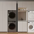 Dark And White Stacked Washing Machine And Dryer With Cabinet Storage Design