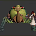 Game Character In White Robe With Green Accents Holding Bow Beside Large Insect Like Creature