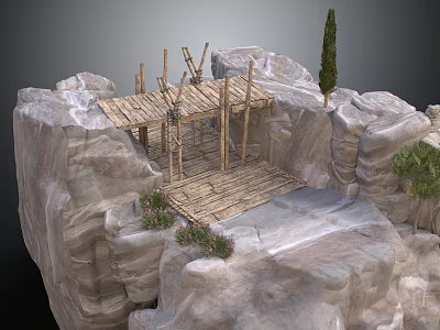 Wooden Platform Structure On Rocky Terrain With Wooden Beams Small Plants And Tall Tree 3d model