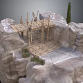 Wooden Platform Structure On Rocky Terrain With Wooden Beams Small Plants And Tall Tree