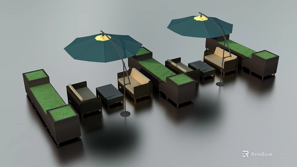 Outdoor Sofa Set With Green Sun Umbrellas And Modular Seating Design 3d model 