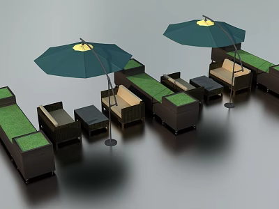 Outdoor Sofa Set With Green Sun Umbrellas And Modular Seating Design 3d model
