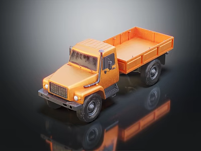Orange Truck Model With Open Cargo Bed On Black Background Showing Reflection 3d model