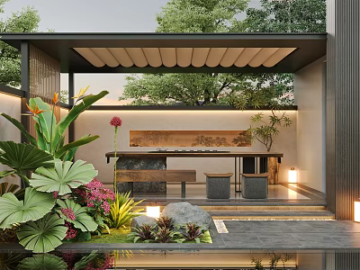 Modern Courtyard Garden Design With Wooden Roof Green Plants Flowers And Stone Lighting Features 3d model
