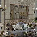 Elegant Large Mirror in Living Room with Chandelier Above Ornate Sofa and Decorative Pillows