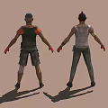 Two Different Male 3D Character Models in Casual Attire with Vests Gloves and Knee Pads