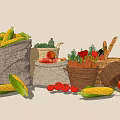 Fresh Vegetables Including Corn Zucchini Tomatoes Carrots In Burlap Sacks And Wicker Baskets