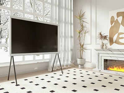 Modern TV On Tripod Stand In Bright Living Room With Snow View And Fireplace 3d model