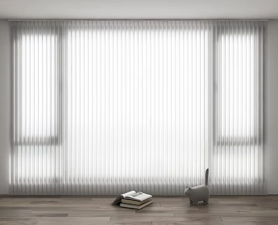 White Vertical Curtains For Window In Modern Home Interior With Wooden Floor And Books 3d model