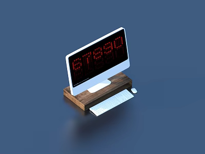 Modern Desktop Computer Monitor With Red Digital Numbers Wooden Stand Keyboard Mouse 3d model