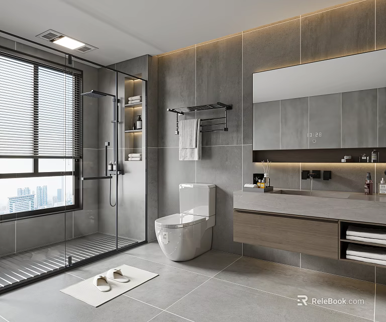 Modern Bathroom With Gray Tiles Glass Shower Enclosure Vanity Mirror And Window Blinds 3d model 