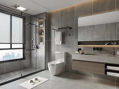 Modern Bathroom With Gray Tiles Glass Shower Enclosure Vanity Mirror And Window Blinds 3d model