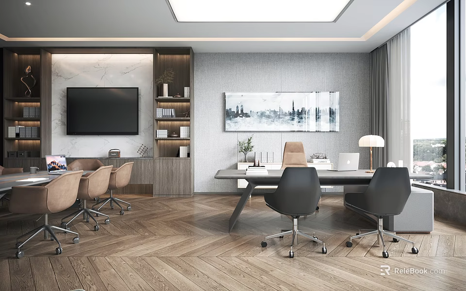 Modern Office Interior With Herringbone Flooring Gray Walls Built-in Shelves Large TV And Cityscape Painting 3d model 