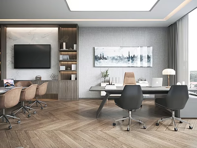 Modern Office Interior With Herringbone Flooring Gray Walls Built-in Shelves Large TV And Cityscape Painting 3d model
