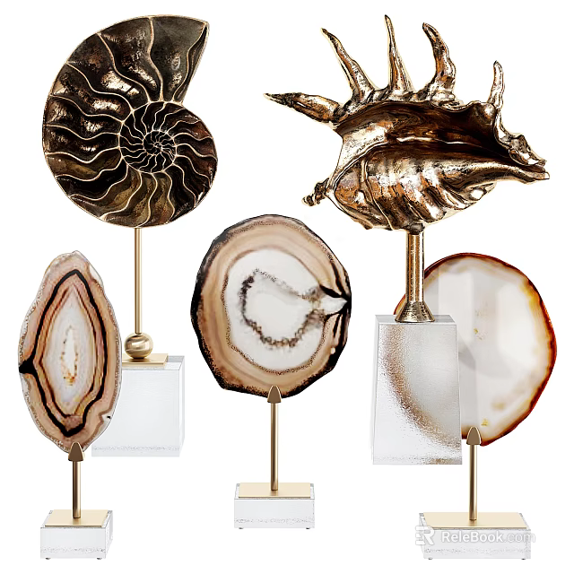 Golden Conch Shell Sculptures And Agate Slice Carvings With Decorative Bases For Artistic 3d model 