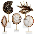 Golden Conch Shell Sculptures And Agate Slice Carvings With Decorative Bases For Artistic