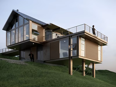 Modern Hillside Single Family House With Large Glass Windows And Terrace Railing Overlooking Green Lawn 3d model