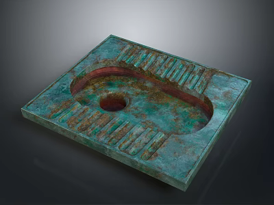 Ancient Square Bronze Artifact Featuring Green Patina And Central Circular Hole 3d model
