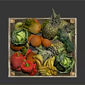 Fresh Assorted Fruits And Vegetables In Wooden Crate With Pineapple Banana Red Pepper Cabbage Orange