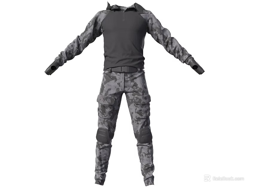 Camouflage Combat Uniform With Tactical Long Sleeve Top Camouflage Pants And Knee Pads 3d model 