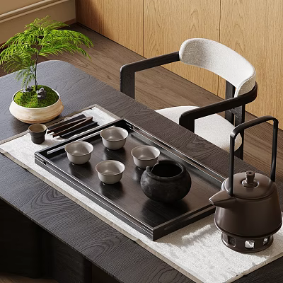 Traditional Tea Set with Black Tray Cups and Teapot on Wooden Table with Green Plant 3d model