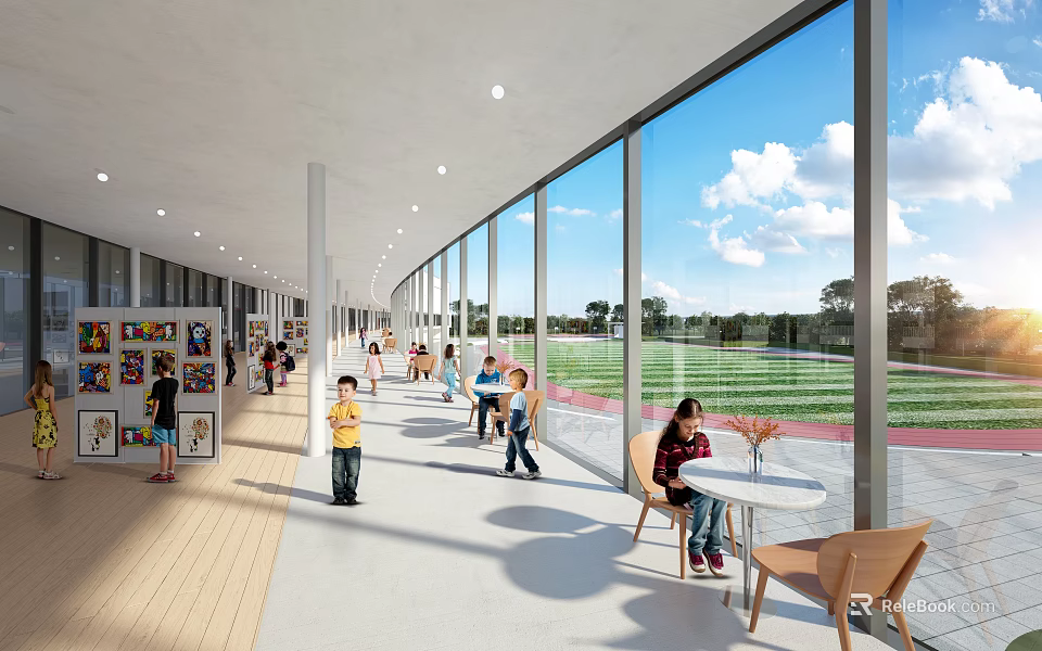 Kindergarten Spacious Corridor With Large Windows Natural Light And Children 3d model 