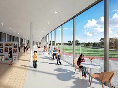 Kindergarten Spacious Corridor With Large Windows Natural Light And Children 3d model