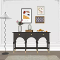 Elegant Entryway Cabinet Sideboard With Golden Legs Decorative Paintings And Floor Lamp On White Wall