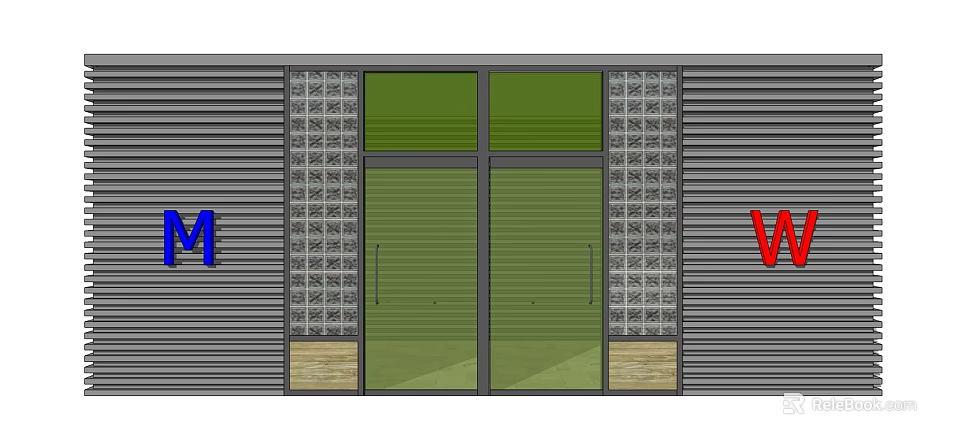 Commercial Facade With Roller Shutter Glass Door Decorative Bricks Blue M Red V Letters 3d model 