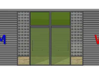 Commercial Facade With Roller Shutter Glass Door Decorative Bricks Blue M Red V Letters 3d model