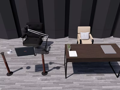 Modern Desk With Laptop Lamp Notebook Plant Mat And Black Beige Chairs On Wooden Floor 3d model