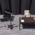 Modern Desk With Laptop Lamp Notebook Plant Mat And Black Beige Chairs On Wooden Floor