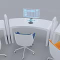 Modern Office Desk And Chair Set With White Tables Orange Blue Chairs And Computers