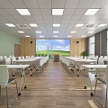 School Classroom with Blue Walls White Desks Green Chairs Blackboard Projector and Wooden Floors