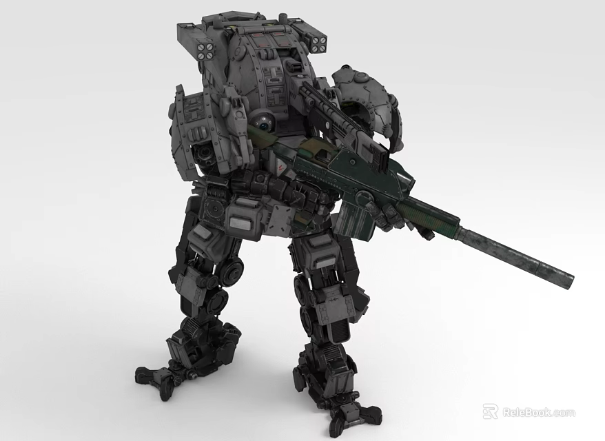 Detailed Mechanical Battle Robot With Heavy Rifle And Armored Exoskeleton Structure 3d model 