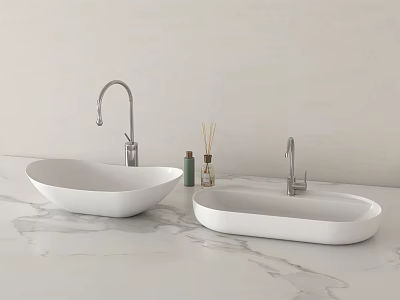 Two White Washbasins On Marble Countertop With Silver Faucets And Bathroom Accessories Against Light Wall 3d model