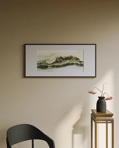 Abstract mountain painting in black frame on beige wall near black vase and red branches 3d model
