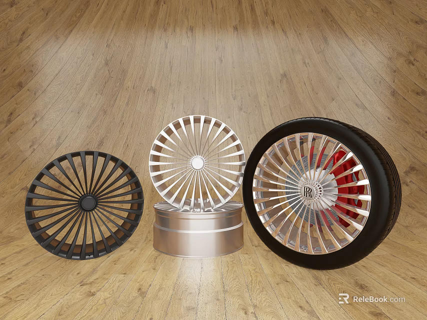 Stylish Three Automotive Wheel Rims and Tire Black Silver Red Accent on Wooden Floor 3d model 