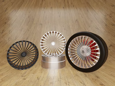 Stylish Three Automotive Wheel Rims and Tire Black Silver Red Accent on Wooden Floor 3d model