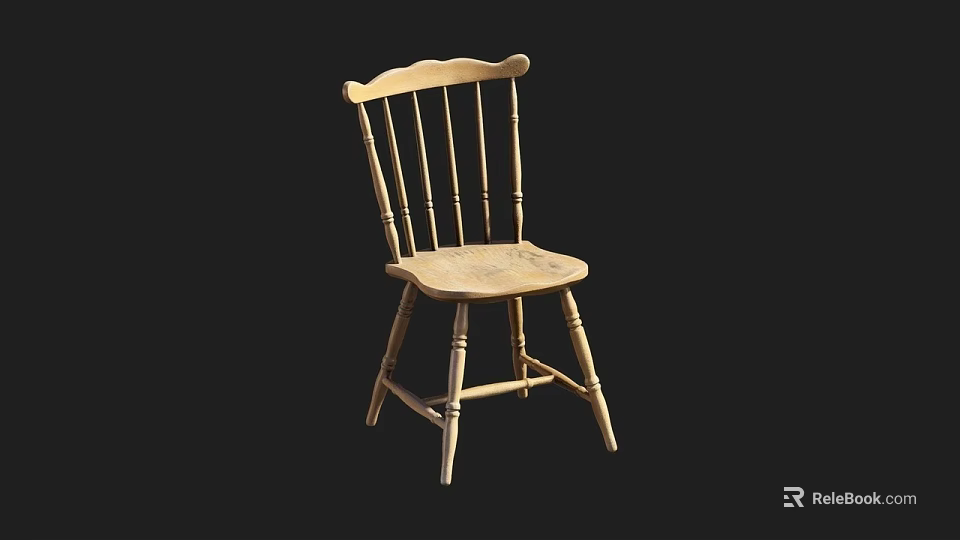 Classic Light Wood Single Chair With Curved Backrest And Spindle Design 3d model 
