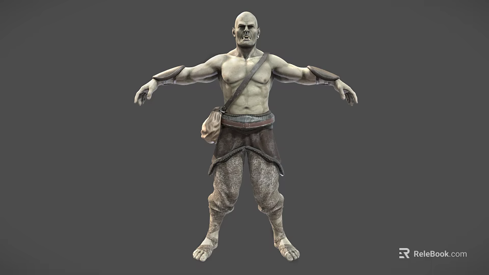 Shirtless Bald Muscular Warrior with Arm Wraps Waist Pouch Rugged Shorts Standing 3D Character 3d model 