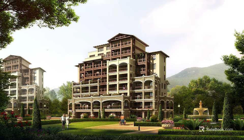 Modern Residential Building With Balconies Arched Design Greenery Fountain People Walking And Mountain View 3d model 