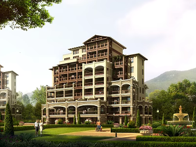 Modern Residential Building With Balconies Arched Design Greenery Fountain People Walking And Mountain View 3d model