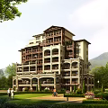 Modern Residential Building With Balconies Arched Design Greenery Fountain People Walking And Mountain View