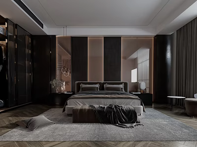 Modern Luxury Bedroom Interior With Bed Nightstand Area Rug Wardrobe And Curtains 3d model