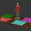 Mannequin In Red Coat Blue Pants White Hat With Colored Fabrics On Wooden Platform