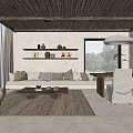 Rustic Living Room With Thatch Ceiling Sofa Cushions Wooden Shelves Clay Pots And Greenery View