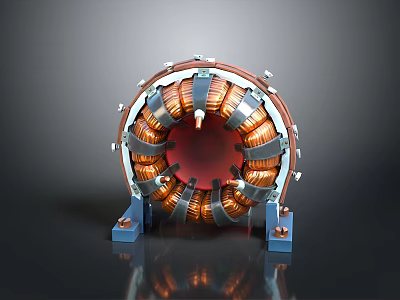 Industrial Electric Motor Stator With Copper Coils Metal Frame And Blue Base 3d model