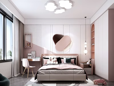 Cozy Kids Room Interior With Cloud Ceiling Lights Heart Mirror Desk And Chair 3d model