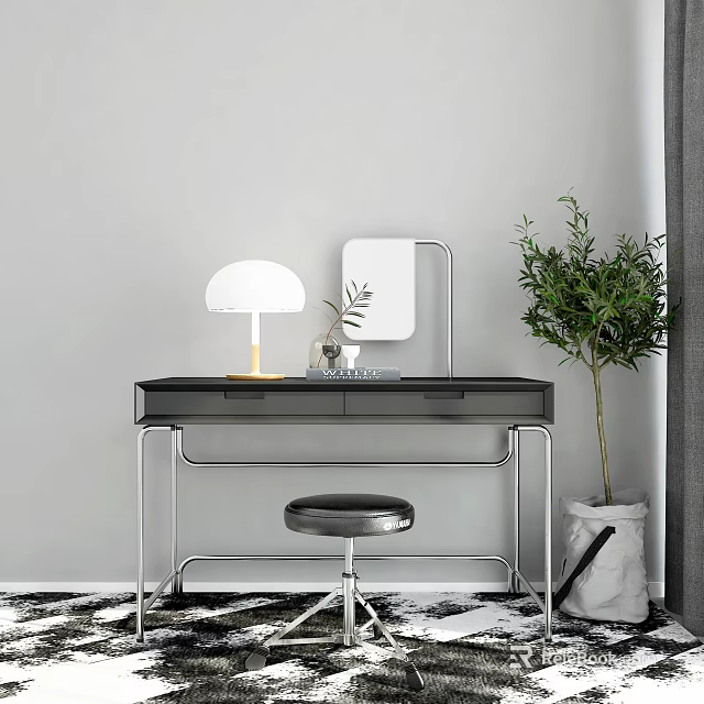 Modern Dressing Table with Round Mirror Table Lamp Stool and Green Plant 3d model 